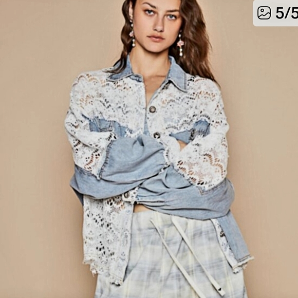 POL Blue and White Lace Jean Jacket